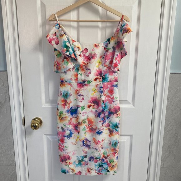 Black Halo Rosette White Pink Floral Cocktail Sheath Dress Size 2 - Picture 4 of 12